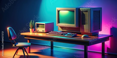 Vintage Computer Workstation, Analog Tech, Copy Space photo