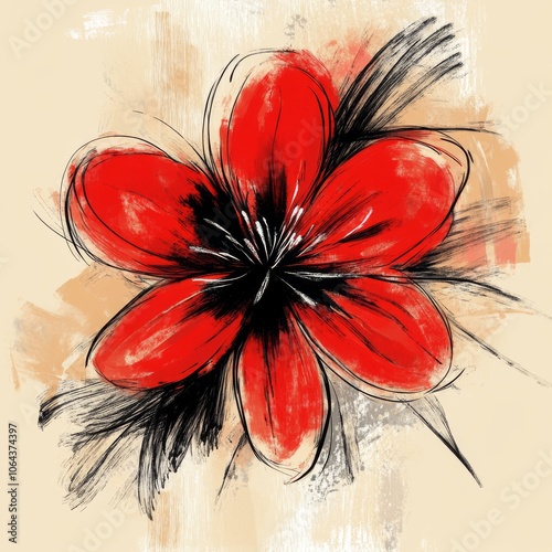 A red flower botanical design, drawn with dynamic, dry brush strokes that give the petals a textured, layered look. The detailed brushwork brings depth and a sense of fluid motion to the photo