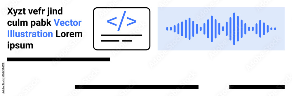 Code snippet icon, blue audio waveform, and text placeholders. Ideal for tech, programming, audio design, digital content, web development, educational materials, infographics. Landing page Code snippet icon, blue audio waveform, and text placeholders. Ideal for tech, programming, audio design, digital content, web development, educational materials, infographics. Landing page