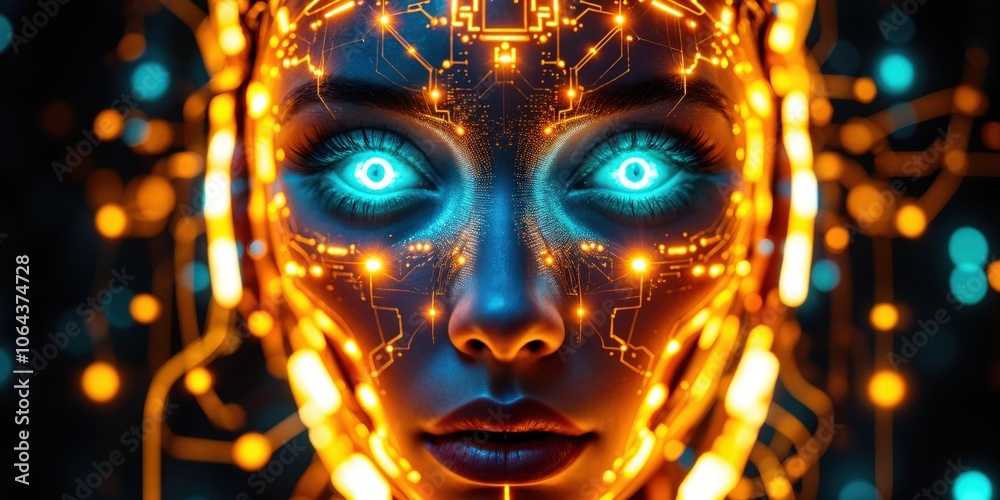 Cybernetic AI Portrait: Futuristic Face with Glowing Blue Eyes and Digital Circuitry Cybernetic AI Portrait: Futuristic Face with Glowing Blue Eyes and Digital Circuitry