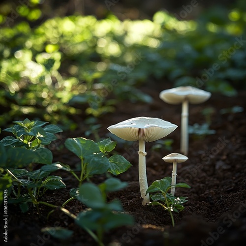 A scenic capture of three mushrooms emerging from the rich soil of La Marquesaâ€™s shaded forest floor. The mushroom delicate caps stand out against the surrounding green underbrush, with the play of