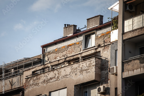 Selective blur on a building in belgrade, with an illegal building addition, with the construction of several additional floors and stories above the roof made without the approval of the urbanism law