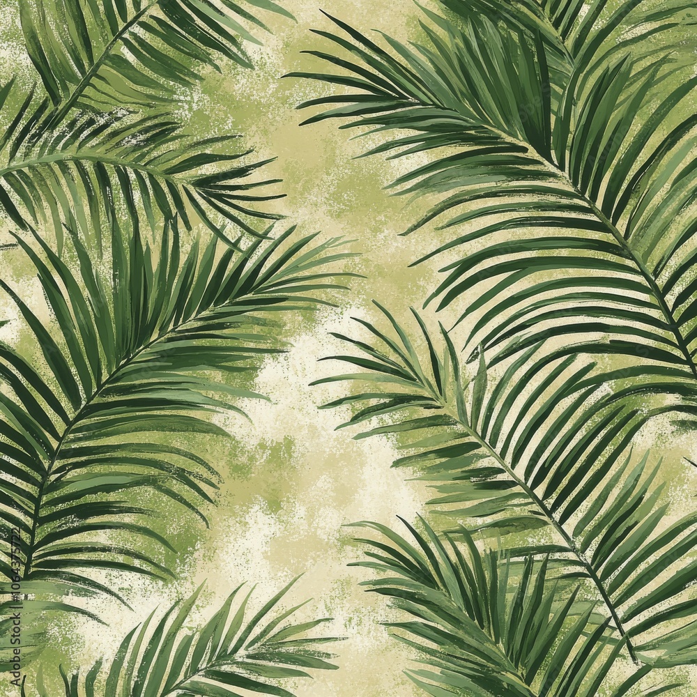 A seamless design of palm leaves in various green tones, brush-drawn to create a vibrant, tropical aesthetic. The layered foliage forms a dense pattern against a rough, textured background, ideal for A seamless design of palm leaves in various green tones, brush-drawn to create a vibrant, tropical aesthetic. The layered foliage forms a dense pattern against a rough, textured background, ideal for