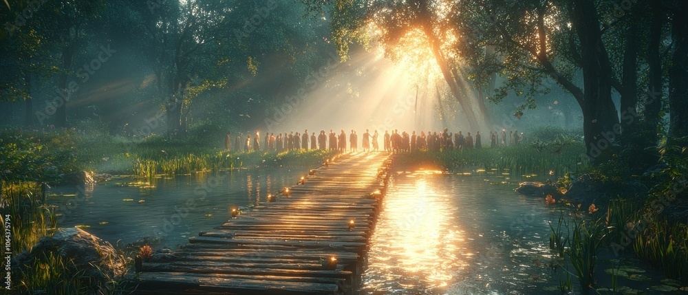 Obraz premium Silhouettes of People Standing on a Wooden Bridge in a Sunlit Forest