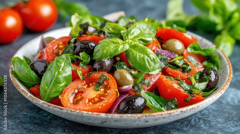 Fresh Tomato Basil Olive and Capers Salad in Bowl Italian Cuisine Fresh Tomato Basil Olive and Capers Salad in Bowl Italian Cuisine