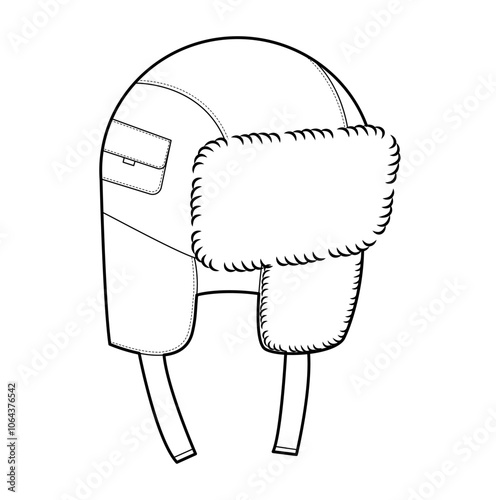 Trapper Hat with pocket. Winter Head Fashion accessory cap with fur clothing technical illustration. Vector headgear for Men, women, unisex style, flat template CAD mockup sketch outline isolated