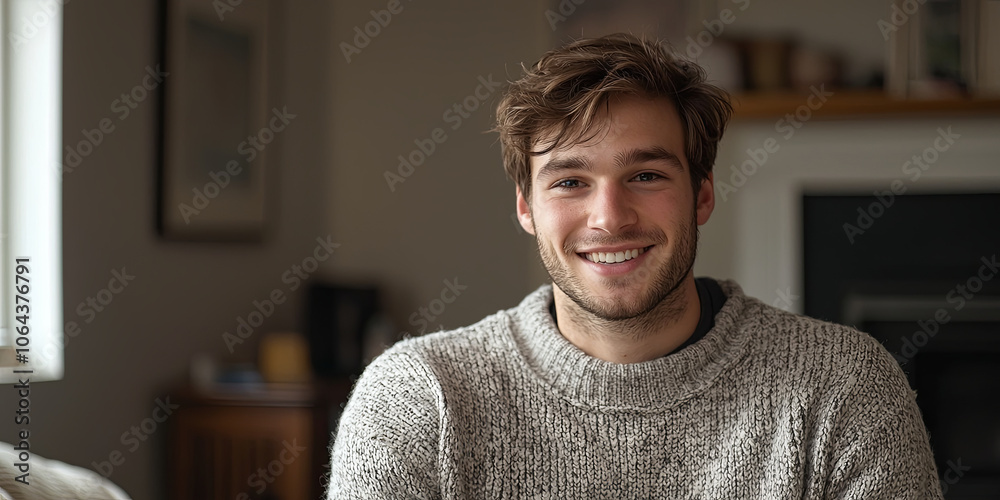 Fototapeta premium A handsome man with brown hair, wearing an oversized sweater and smiling at the camera in his living room, generative AI