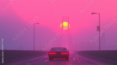 Retro Sunset Bridge Drive 80s Synthwave Aesthetic Classic Car Foggy Landscape