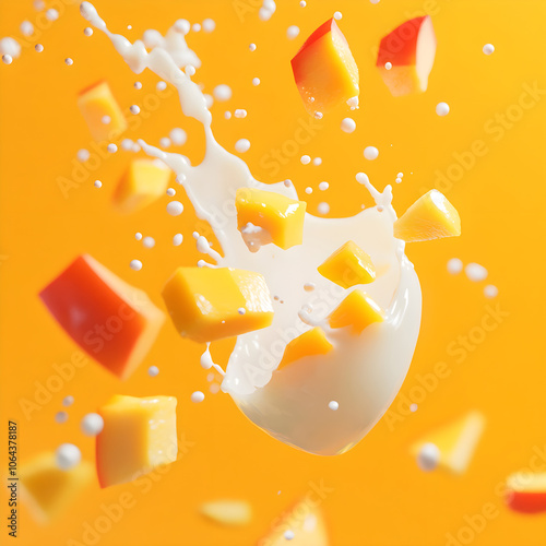 A single mango sits centered in a whirl of milk, surrounded by slices and peach. Delicious mango milk splash with vibrant yellow background