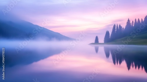 serene misty morning at lacu rosu lake with foggy summer sunrise and lush greenery reflections, capturing the tranquil beauty of nature in harghita county, romania, europe photo