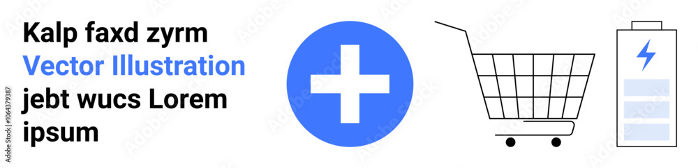 Shopping cart, battery with lightning bolt, and blue cross on white background. Ideal for healthcare, energy, online shopping, technology, e-commerce, digital marketing, and product design. Banner Shopping cart, battery with lightning bolt, and blue cross on white background. Ideal for healthcare, energy, online shopping, technology, e-commerce, digital marketing, and product design. Banner