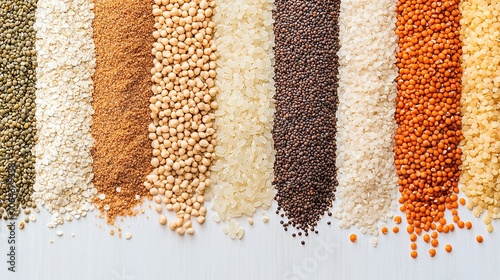 Background of different types of groats, including corn seeds, chickpeas, red lentils, buckwheat, and rice, arranged from a top view to showcase their diverse textures and colors