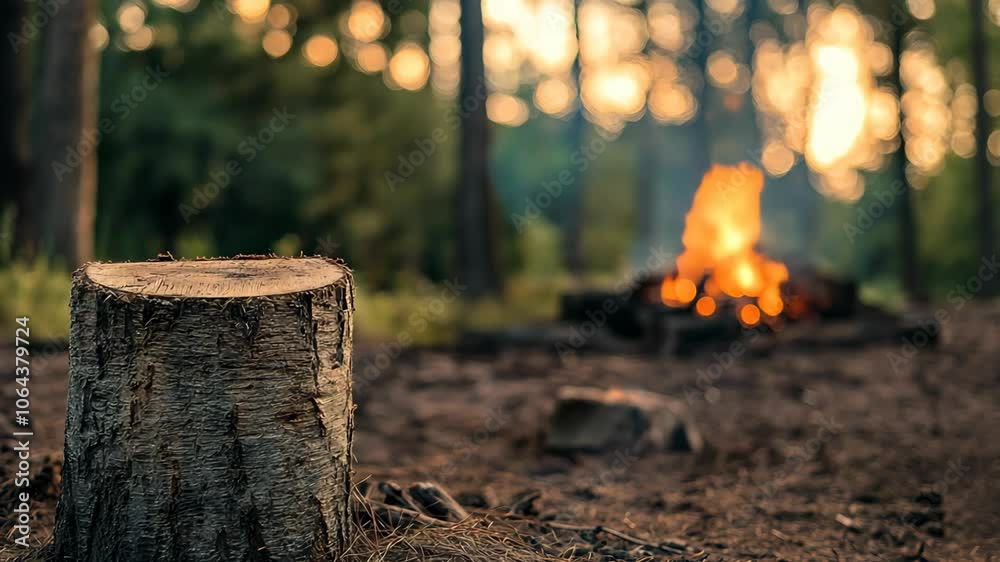 tree stump with a burning campfire,