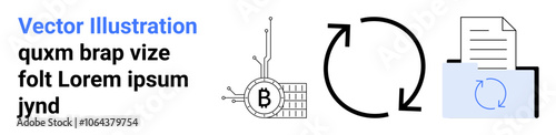 Bitcoin circuit, curved arrows, and file with synchronization symbol. Ideal for crypto education, blockchain, data management, digital transformation, fintech, online transactions, tech blogs