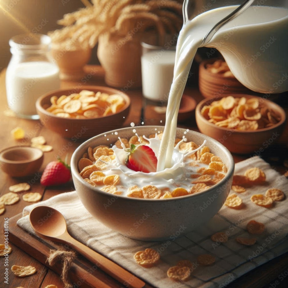 Tabletop shot of milk flowing into cereal flakes, showcasing a delicious morning routine Tabletop shot of milk flowing into cereal flakes, showcasing a delicious morning routine