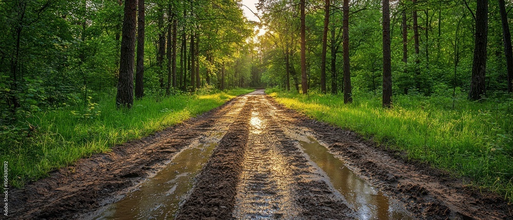Fototapeta premium Sunlit Dirt Road Through a Lush Green Forest