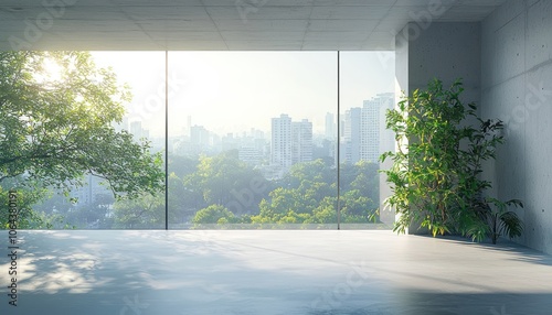 A Minimalist Concrete Room with a Panoramic City View Through a Large Window