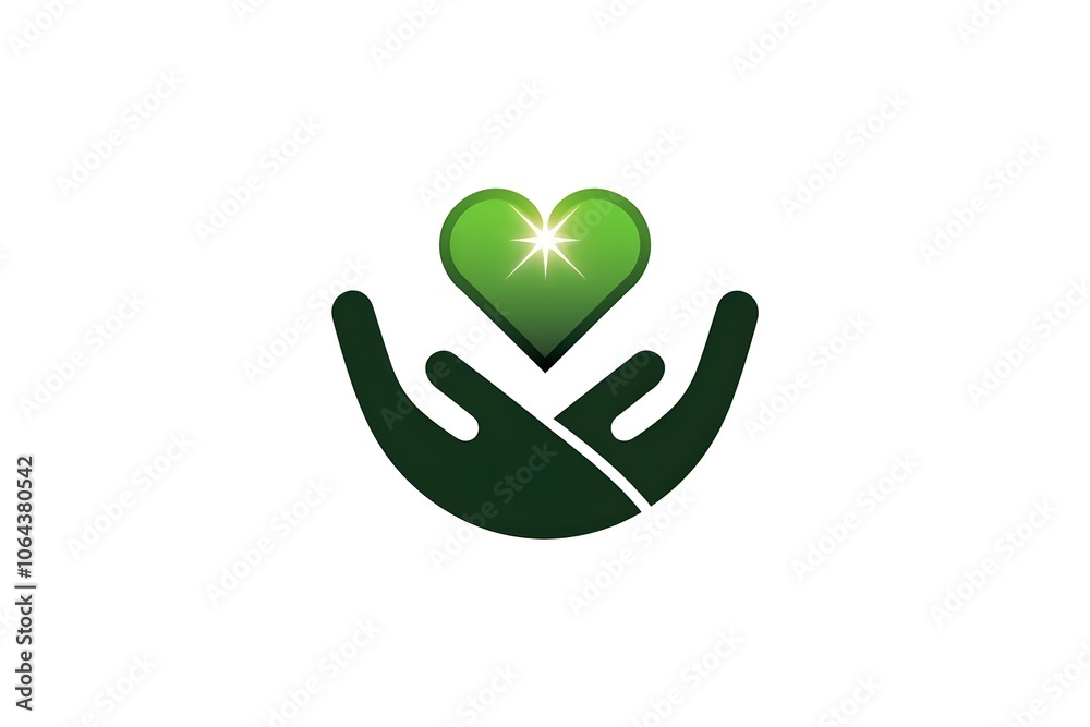 Caring Hands Holding Green Heart Logo - Minimalist Healthcare or Environmental Symbol with Sparkle Effect on White Background Caring Hands Holding Green Heart Logo - Minimalist Healthcare or Environmental Symbol with Sparkle Effect on White Background