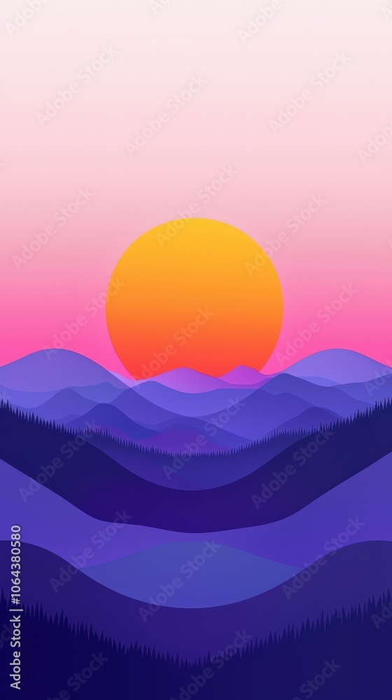 Sunset Over Purple Mountains Minimalist Landscape Illustration Sunset Over Purple Mountains Minimalist Landscape Illustration