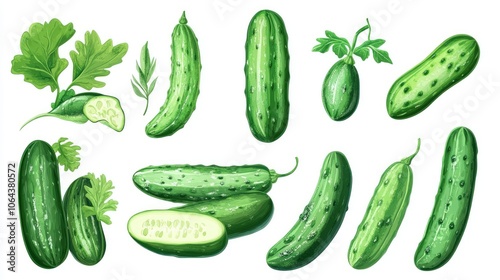 Fresh Cucumbers and Green Vegetables Illustration