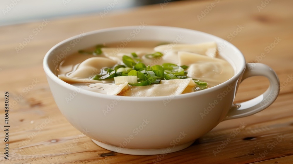 Wonton Soup with dumplings in a clear broth, garnished with scallions in Chinese restaurant table Wonton Soup with dumplings in a clear broth, garnished with scallions in Chinese restaurant table