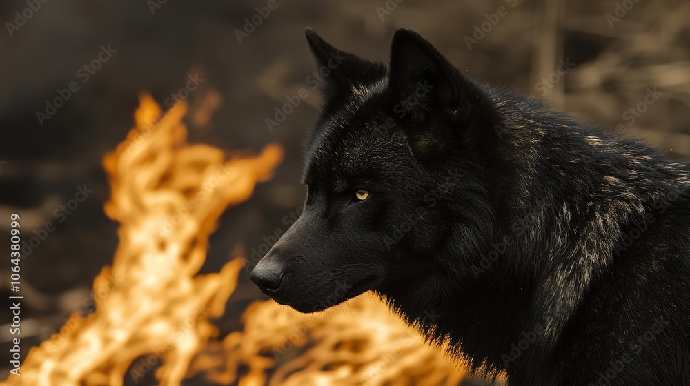 Black wolf in profile with long, black fire flames trailing behind, creating a dramatic and intense image full of power and mystery. Black wolf in profile with long, black fire flames trailing behind, creating a dramatic and intense image full of power and mystery.