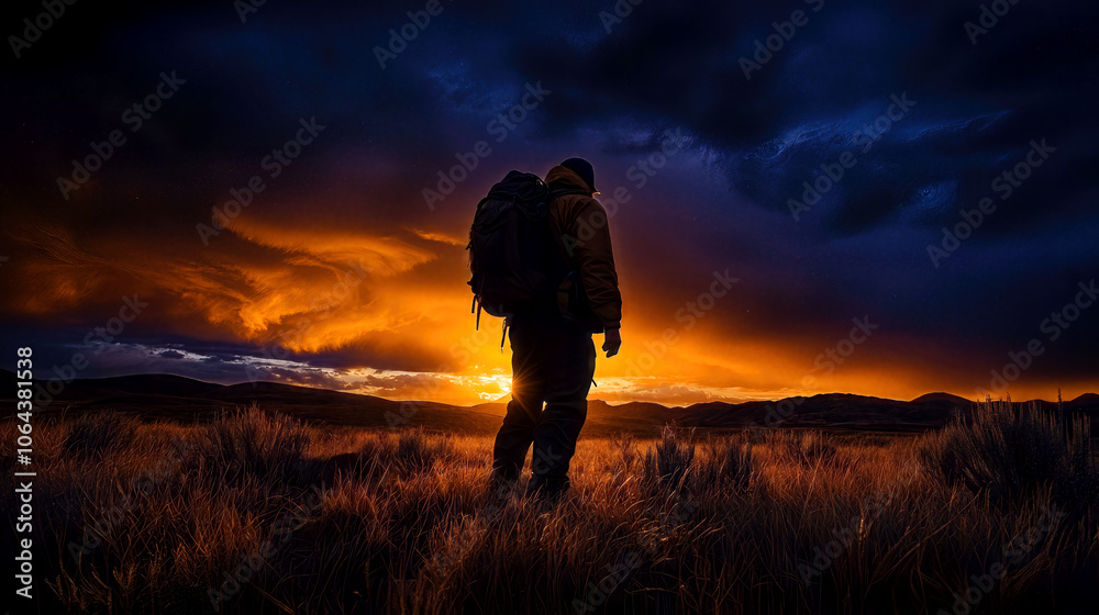 A lone hiker gazes at a breathtaking sunset, with warm colors illuminating the sky. The mountainous landscape is bathed in evening light, creating a serene atmosphere. A lone hiker gazes at a breathtaking sunset, with warm colors illuminating the sky. The mountainous landscape is bathed in evening light, creating a serene atmosphere.