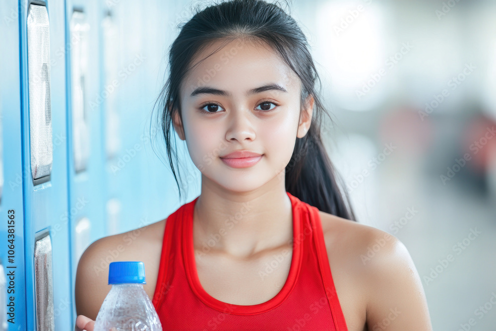 Indonesian woman holding health drink in exercise, gym locker background Indonesian woman holding health drink in exercise, gym locker background