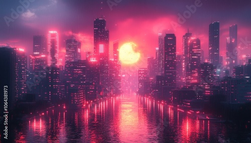 Wallpaper Mural Neon-Lit Cityscape with a Red Moon Reflected in Water Torontodigital.ca