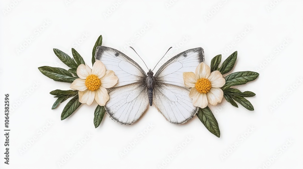 Obraz premium White Butterfly Illustration with Yellow Flowers and Green Leaves on White Background