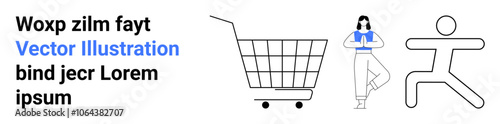 Shopping cart icon alongside a stylized figure and abstract text suggests themes of commerce health and innovation. Ideal for e-commerce lifestyle health design and modernity. Banner for landing page