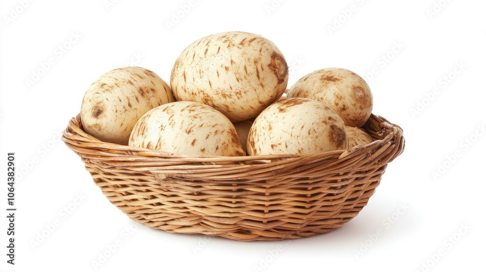 Fresh Taros in a Basket on White Background Fresh Taros in a Basket on White Background