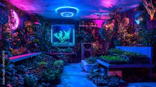Fototapeta Naklejka Na Ścianę i Meble -  Surreal and psychedelic neon lit alien jungle landscape with a futuristic glowing and colorful interior design  An imaginative captivating and ethereal digital art or background