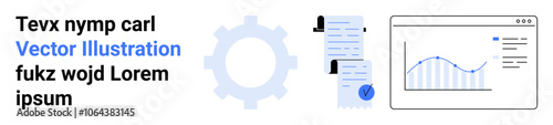 Gear icon, documents with check marks, and graph on a webpage signify data analysis and report generation. Ideal for data visualization, business analysis, project management, infographic design