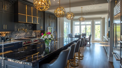 This image showcases a stunning high end modern kitchen design with luxurious finishes and furnishings  The space features a black marble countertop sleek cabinetry and top of the line appliances