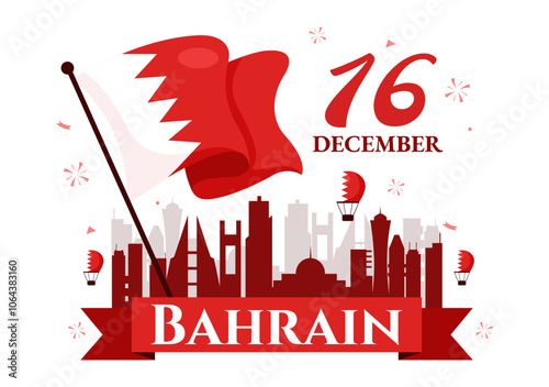 Happy Bahrain National Day Vector Illustration on December 16th, Featuring a Waving Flag in a Patriotic Holiday, in a Flat Style Cartoon Background