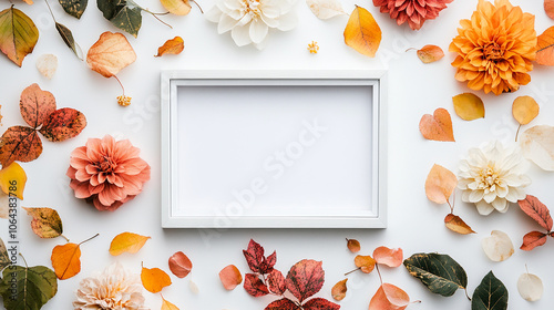 simple autumn composition on white background with photo frame and dried flowers and leaves