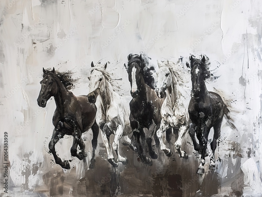 Fototapeta premium Black and White Horses Running: A Dramatic Equestrian Art Painting