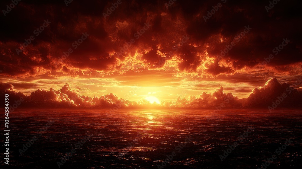 Fiery Sunset Over a Calm Ocean with Dramatic Clouds Fiery Sunset Over a Calm Ocean with Dramatic Clouds