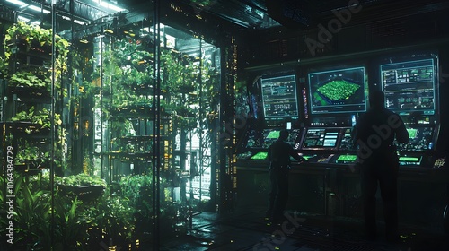 A high tech futuristic control room or laboratory setting with holographic displays digital interfaces and a lush tropical indoor environment filled with plants and a soothing atmospheric mood