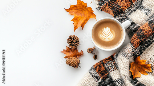 autumn composition with plaid cup of coffee on white background