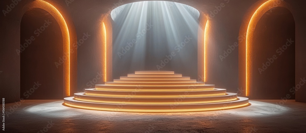 Illuminated Circular Platform with Steps in an Architectural Space Illuminated Circular Platform with Steps in an Architectural Space