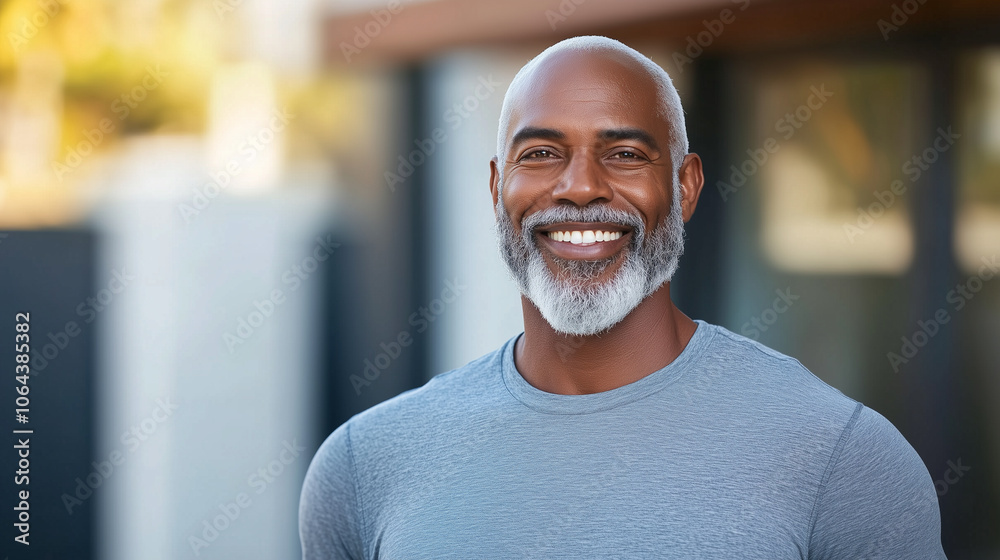 smiling man with beard, wearing gray shirt, stands outdoors. His joyful expression conveys warmth and confidence, set against blurred background. smiling man with beard, wearing gray shirt, stands outdoors. His joyful expression conveys warmth and confidence, set against blurred background.