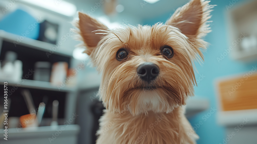 A small dog with a brown coat is sitting in front of a sink A small dog with a brown coat is sitting in front of a sink