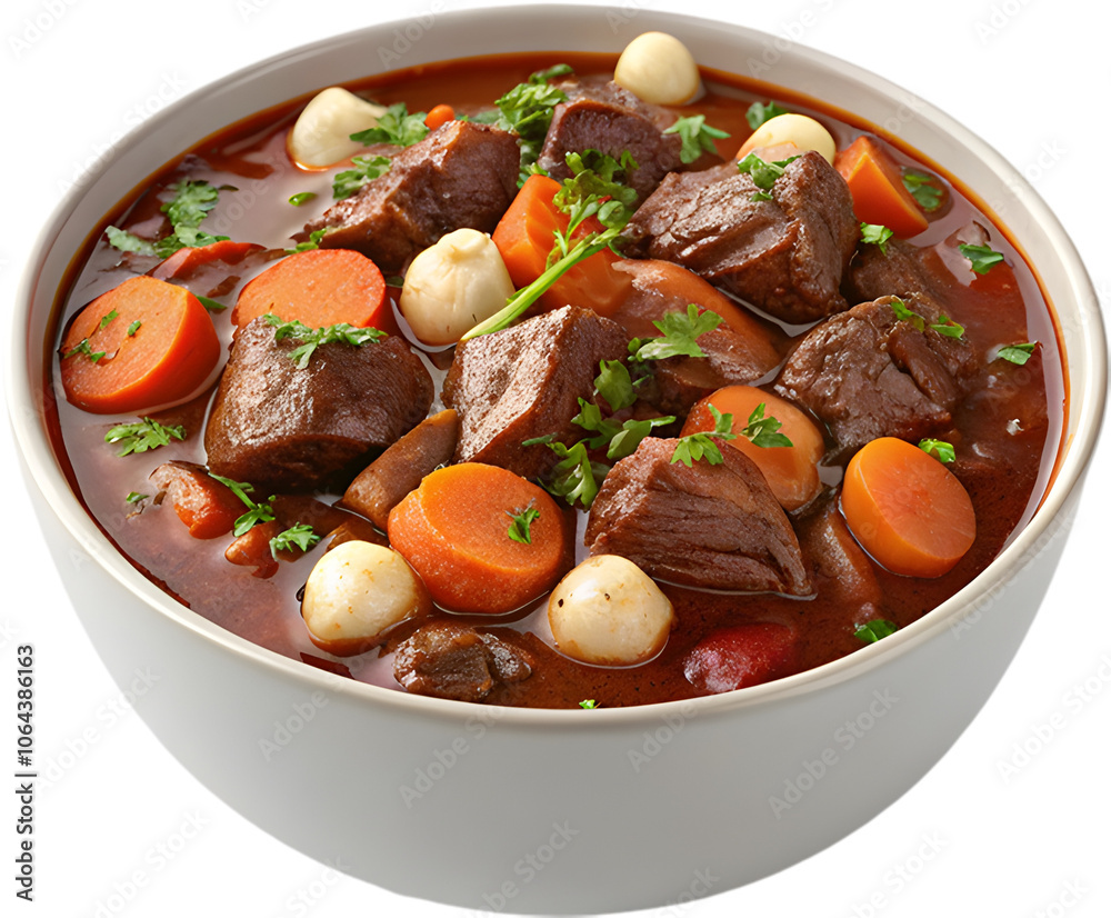 Rich Beef Bourguignon clipart with vegetables and herbs. Rich Beef Bourguignon clipart with vegetables and herbs.