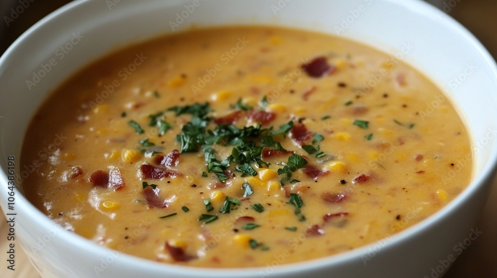 Corn chowder with plenty of creamy bacon comfort Corn chowder with plenty of creamy bacon comfort