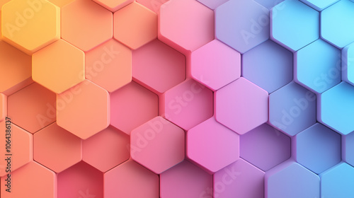 Vibrant hexagonal patterns in gradient shades of orange, pink, and blue create visually striking background.