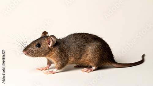 45.A close-up side view of a brown Rattus norvegicus, the brown rat. The fur appears rough and bristly, with the ratâ€™s sharp claws gripping the surface. Its tail curls slightly behind it, and its