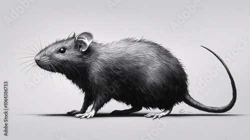 51.A standing adult rat, viewed from the side, with its body slightly hunched. The ratâ€™s fur is glossy and well-defined, and its long tail curls underneath its body. Its small, sharp claws and beady