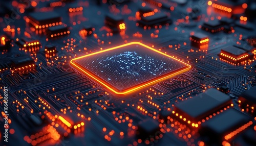 Glowing Orange Circuit Board with a Processor Chip